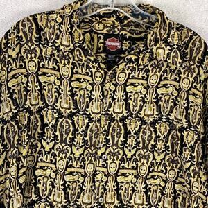 VTG Harley-Davidson Hawaiian Camp Shirt Mens M Guitar Skulls Motorcycles AOP USA